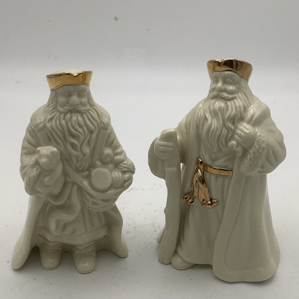 Two Lenox Ivory and Gold Santa Miniatures
